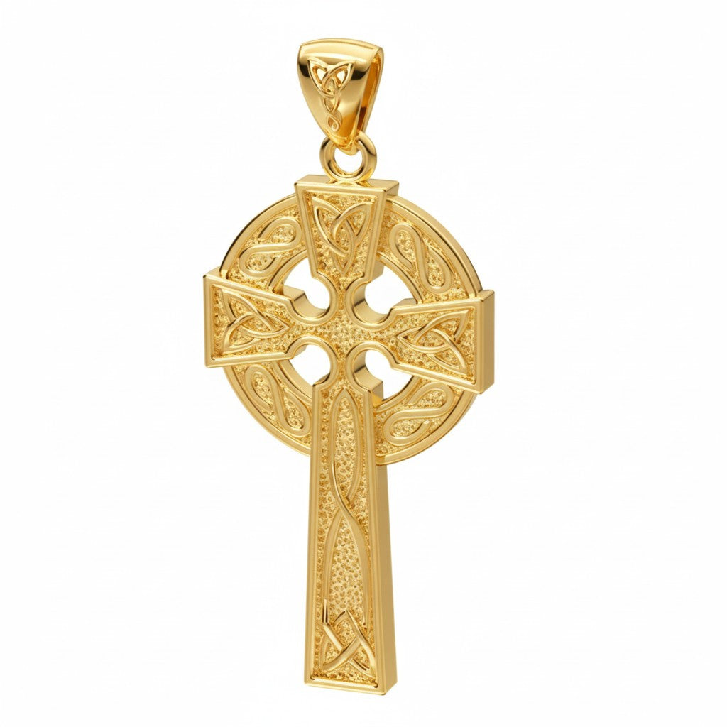 Men's 10k or 14K Solid Gold Celtic Trinity Knot Cross Pendant, 39mm