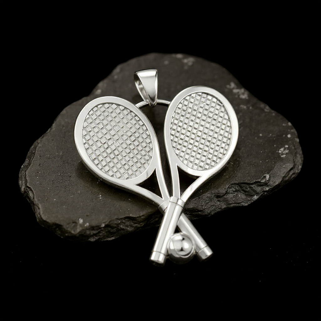 Large 925 Sterling Silver 3D Double Tennis Racket & Ball Pendant Necklace, 39mm