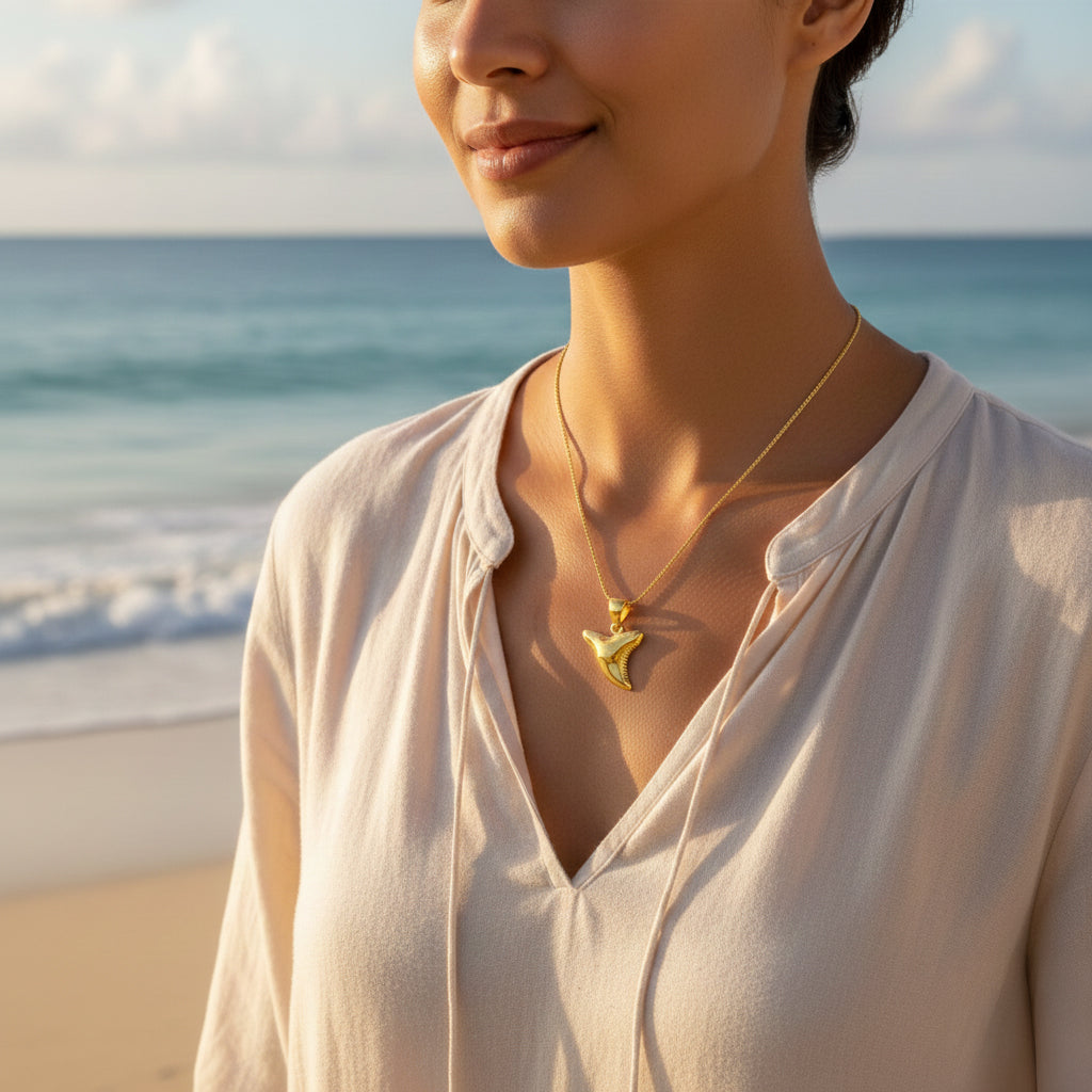 Women's Solid 10k or 14k Yellow or White Gold 3d Tiger Shark Tooth Aquatic Charm Pendant Necklace, 18mm