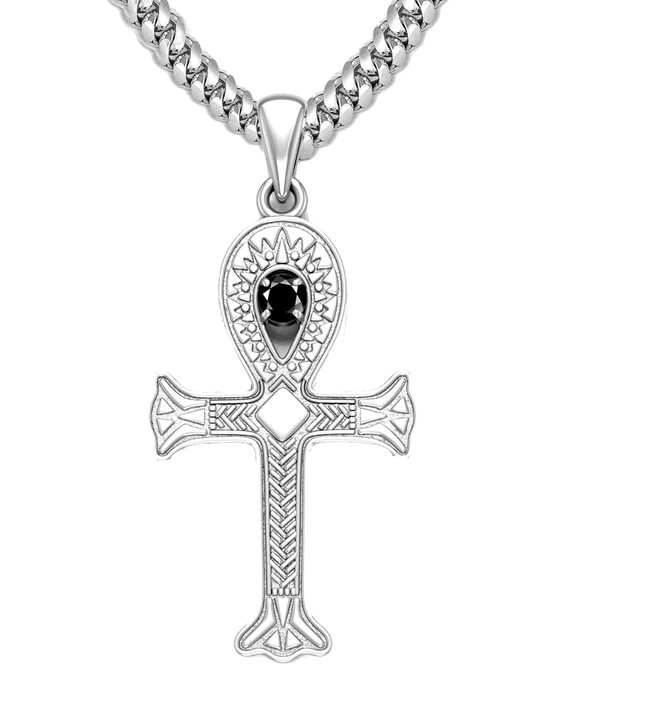 Men's 43mm 14k White Ankh Egyptian Life Symbol Cross with Black Diamond Pendant