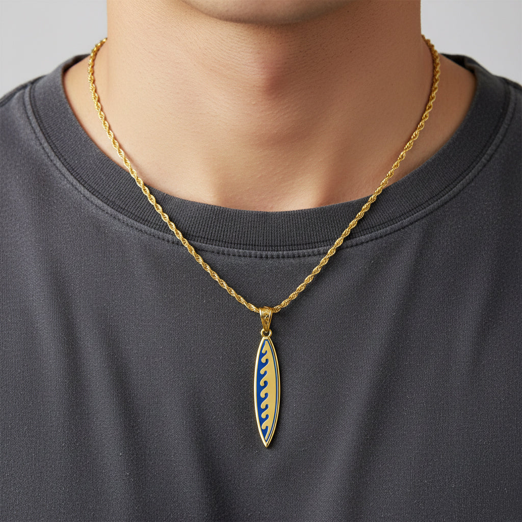 Men's Solid 10k or 14k Yellow or White Gold Surfboard Pendant with Wave Design Necklace, 36mm