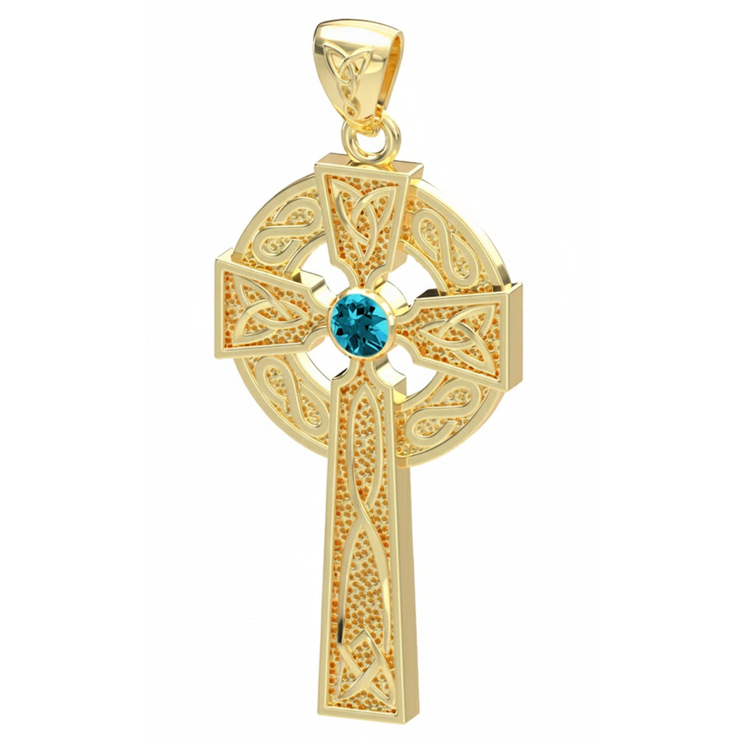 Men's Solid 10k or 14k Yellow or White Gold Celtic Knot Cross Pendant with 15 Optional Birthstones, 39mm
