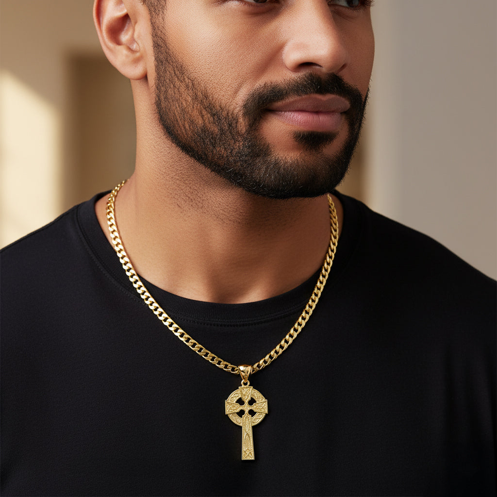 Men's 10k or 14K Solid Gold Celtic Trinity Knot Cross Pendant, 39mm