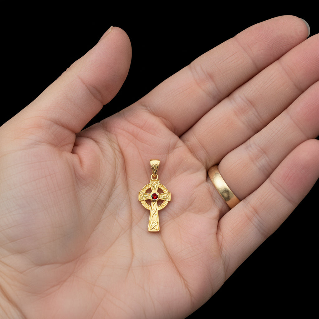Small Petite Solid 10k or 14k Yellow or White Gold Irish Celtic Knot Birthstone Cross Pendant, 23mm