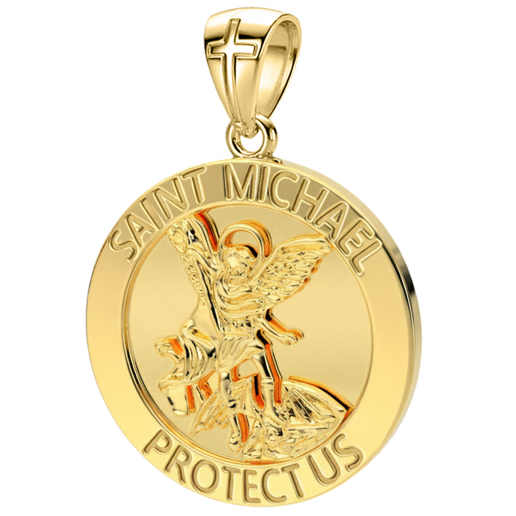XL Solid 10k or 14K Yellow or White Gold St Saint Michael Medal Round Pendant, 33mm
