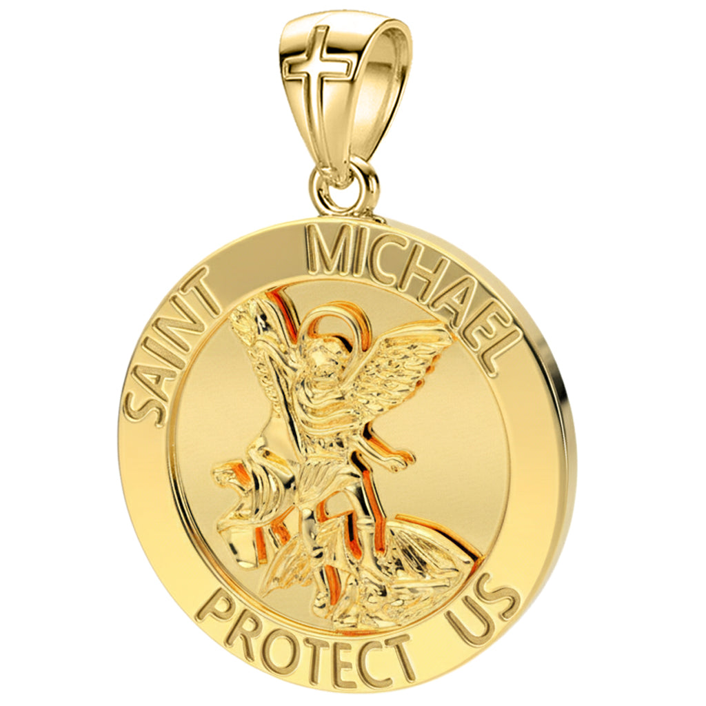 XL Heavy Solid 14K Yellow Gold St Saint Michael Medal Round Pendant, 32mm