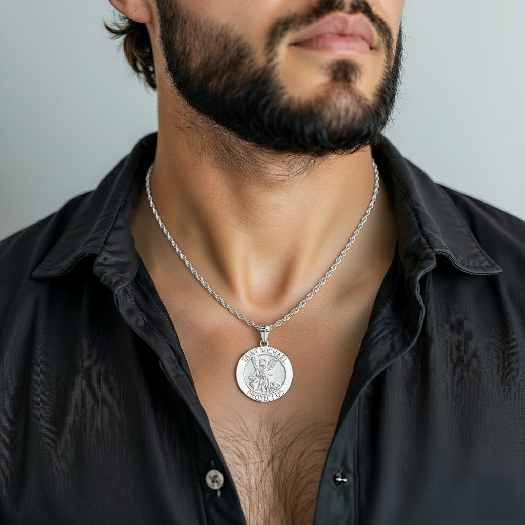 Men's XL 925 Sterling Silver 1.25in St Saint Michael Medal High Polished Pendant Necklace, 33mm
