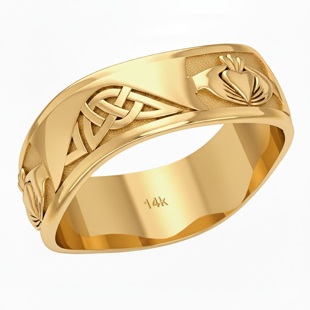 Men's 10k or 14k Yellow or White Gold Modern Irish Celtic Claddagh & Knot Ring Band