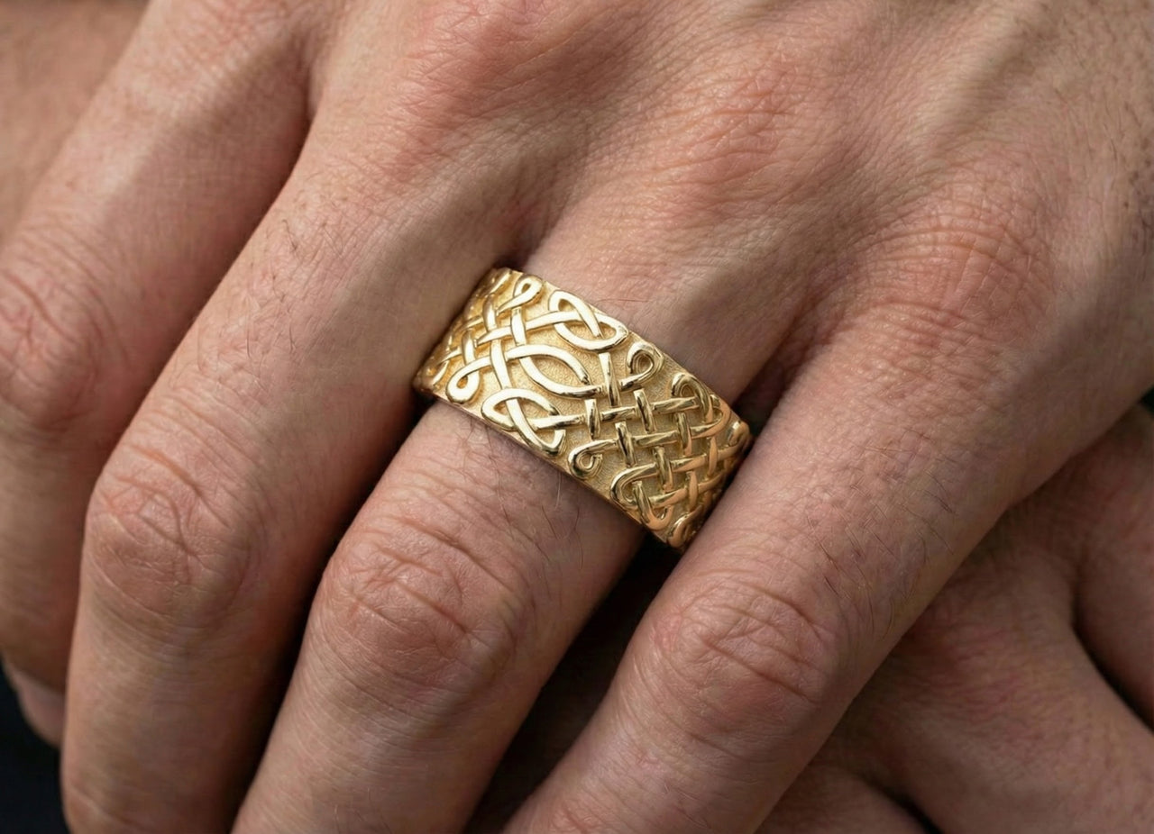 Men's 9mm 10K or 14K Gold Irish Celtic Endless or Love Knot Wedding Ring Band