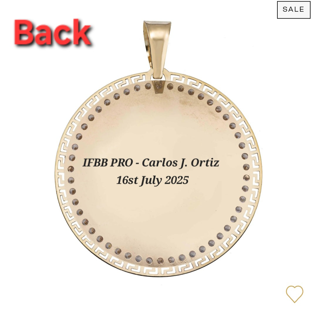 Custom 24mm Disc Pendant in 14k Gold, Greek outline, Cubic zirconia with portrait