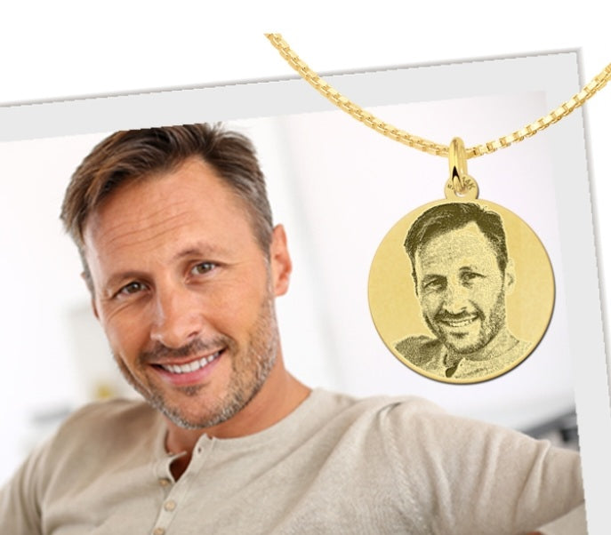 Custom 24mm Disc Pendant in 14k Gold, Greek outline, Cubic zirconia with portrait