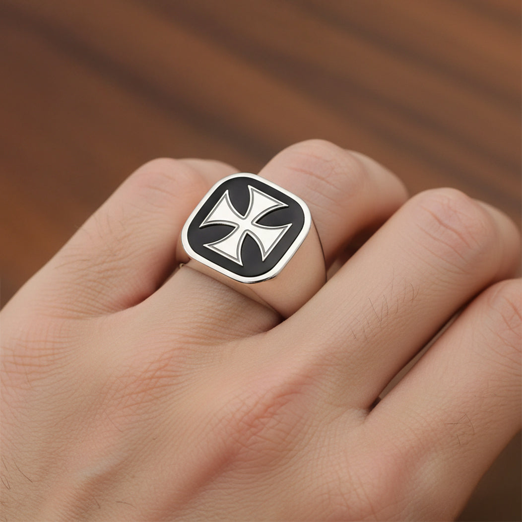 Men's 925 Sterling Silver and 14k Gold Freemason Knights Templar Signet Ring