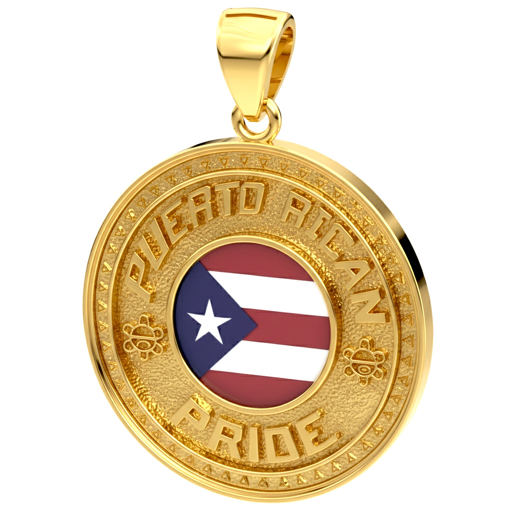 Men's 10k or 14k Yellow or White Gold Puerto Rican Pride Pendant Necklace, 33mm