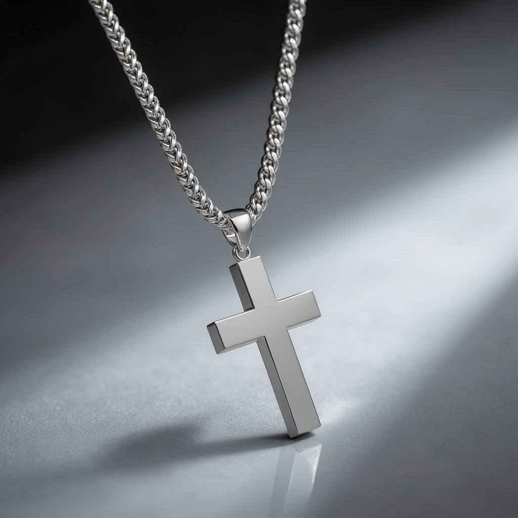 Men's Large 6mm x 4mm 925 Sterling Silver Cross Pendant Necklace, 40mm