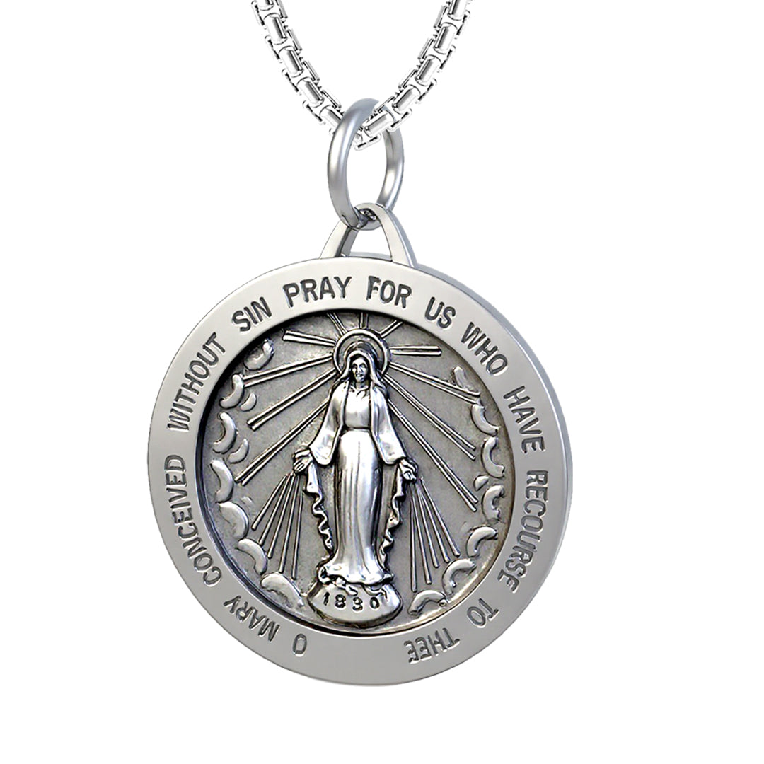 Ladies 925 Sterling Silver Large Miraculous Virgin Mary Antiqued Pendant Necklace, 25mm