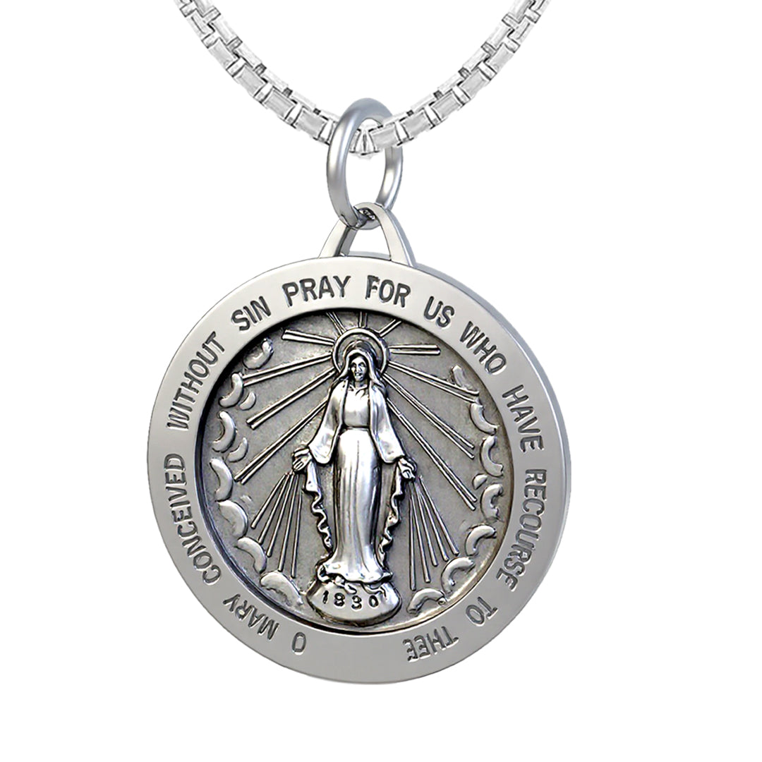 Ladies 925 Sterling Silver Large Miraculous Virgin Mary Antiqued Pendant Necklace, 25mm