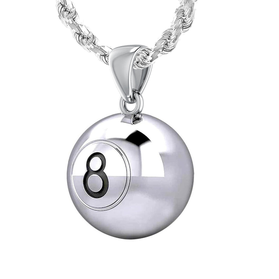 Large 925 Sterling Silver 3D Eight 8 Ball Billiards Pendant Necklace, 18.5mm
