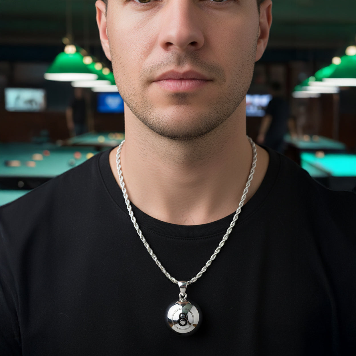Large 925 Sterling Silver 3D Eight 8 Ball Billiards Pendant Necklace, 18.5mm
