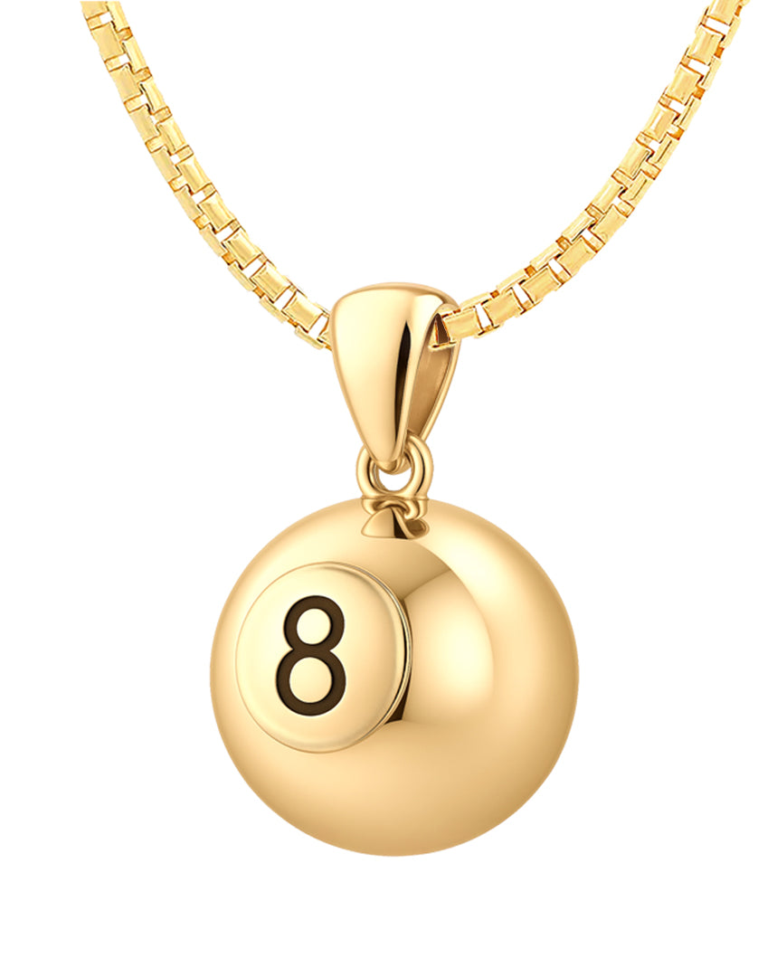 Small Solid 14K Yellow Gold 3D Eight 8 Ball Billiards Pendant Necklace, 13mm
