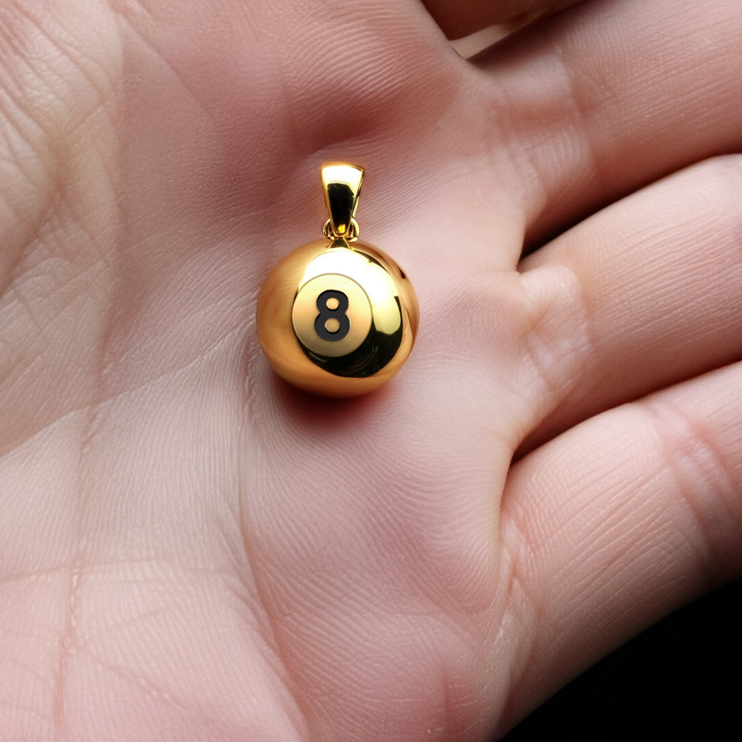 Small Solid 14K Yellow Gold 3D Eight 8 Ball Billiards Pendant Necklace, 13mm
