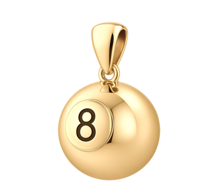 Small Solid 14K Yellow Gold 3D Eight 8 Ball Billiards Pendant, 13mm