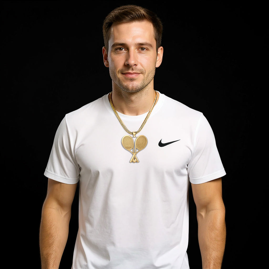 Men's 10K Yellow or White Gold 3D Large Double Tennis Racket & Ball Sports Pendant, 40mm