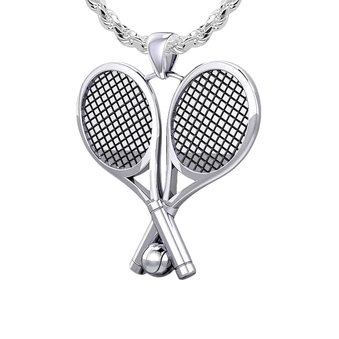 Small 925 Sterling Silver 3D Double Tennis Racket & Ball Pendant Necklace, 25mm