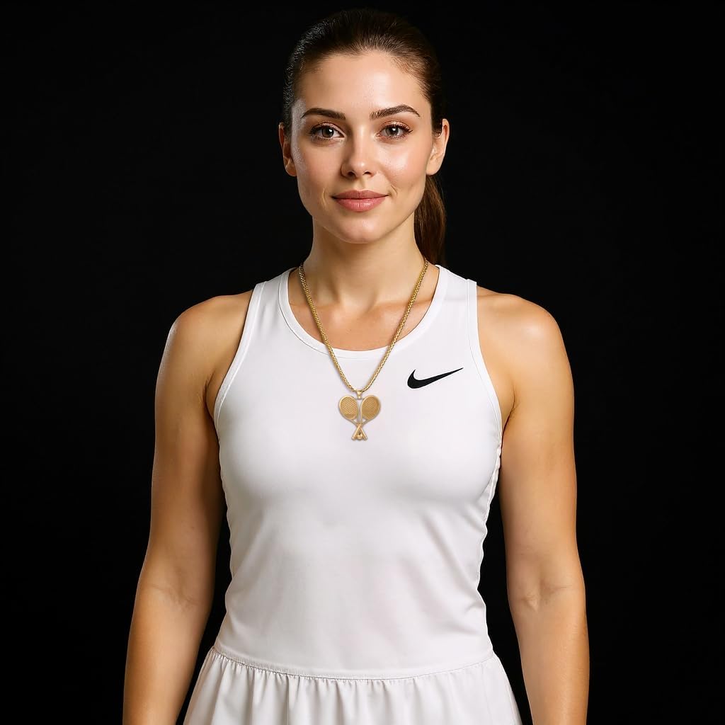 Women's 10K Yellow or White Gold 3D Double Tennis Racket & Ball Sports Pendant, 25mm