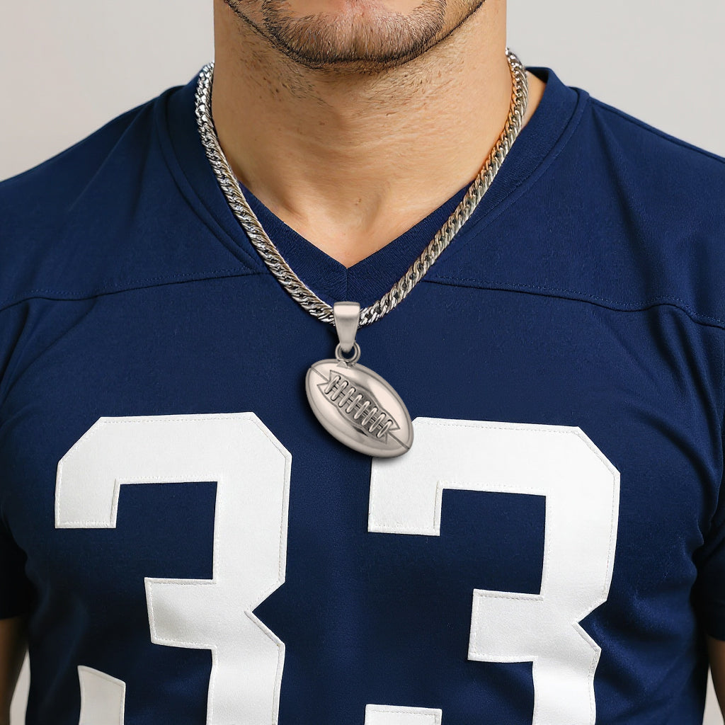 Extra Large 925 Sterling Silver 3D Football Pendant Necklace, 30mm x 16mm