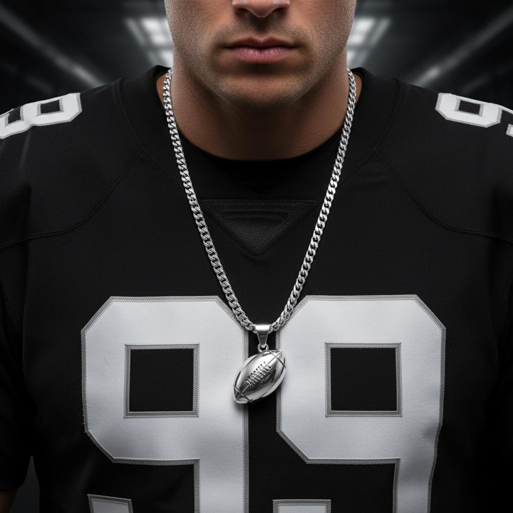 Extra Large 925 Sterling Silver 3D Football Pendant Necklace, 30mm x 16mm