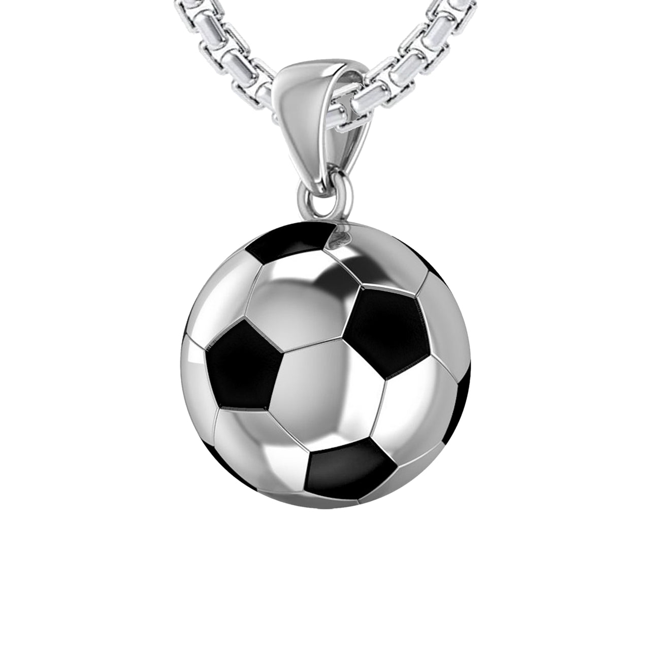 Men's Large 925 Sterling Silver 3D Soccer Ball Football Pendant Necklace, 18.5mm