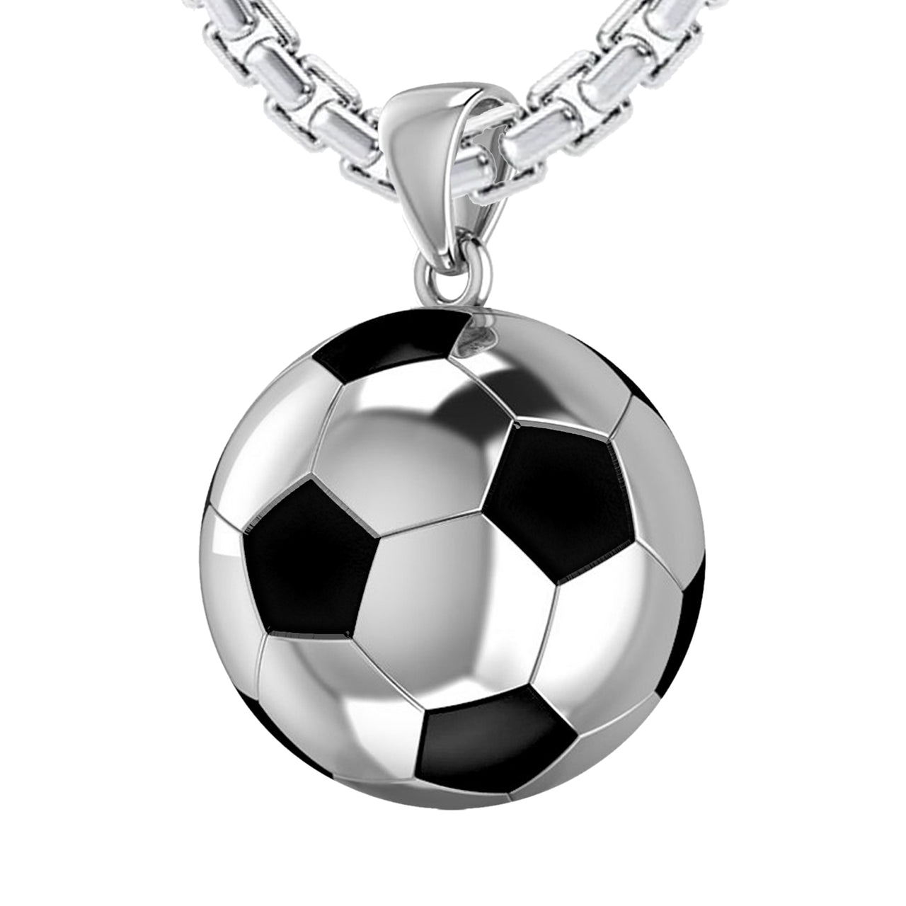 Men's Extra Large 925 Sterling Silver 3D Soccer Ball Football Pendant Necklace, 25mm