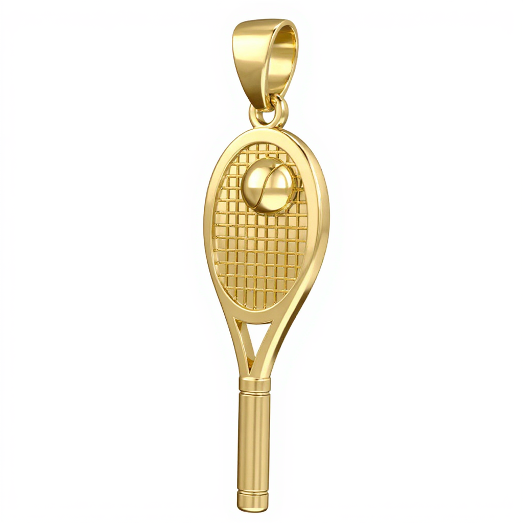 Ladies 14K Yellow Gold 3D Small Tennis Racket & Ball Sports Pendant Necklace, 29mm