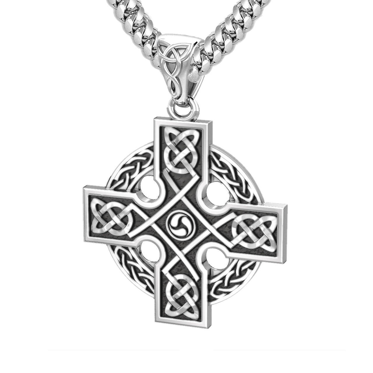 Men's 925 Sterling Silver Irish Celtic Knotwork Cross Pendant Necklace, 32mm