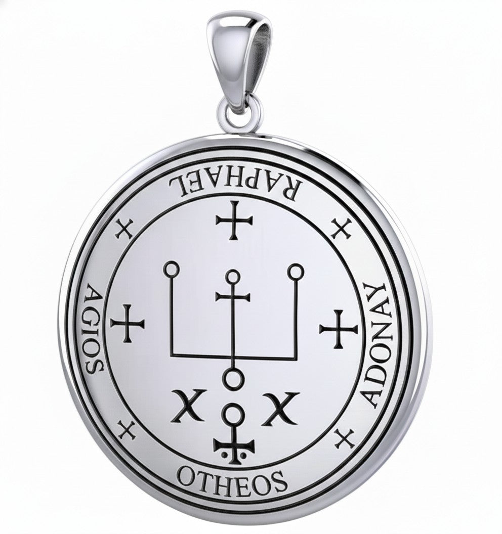 Men's 925 Sterling Silver Round Archangel Raphael Polished Finish Medal Pendant, 31mm