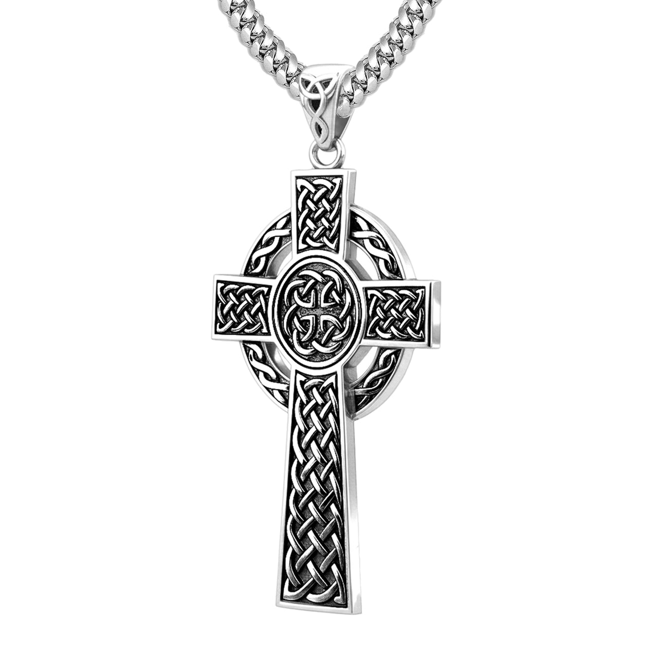 925 Sterling Silver Large Antique Finish Irish Celtic Cross Pendant Necklace, 43mm