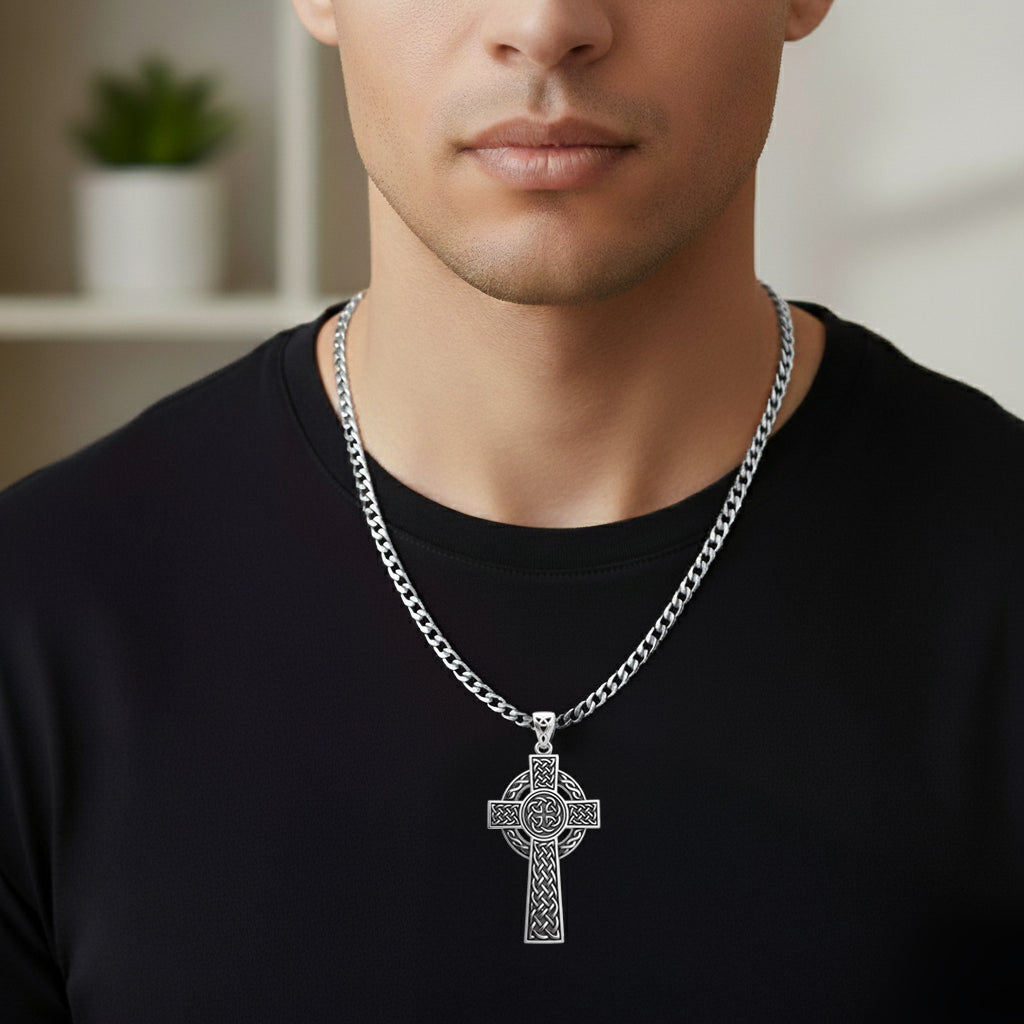 925 Sterling Silver Large Antique Finish Irish Celtic Cross Pendant Necklace, 43mm