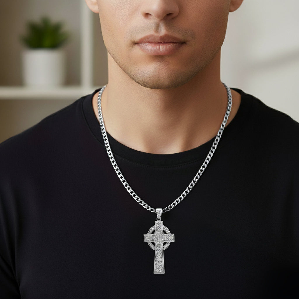 925 Sterling Silver Large High Polished Finish Irish Celtic Cross Pendant Necklace, 43mm
