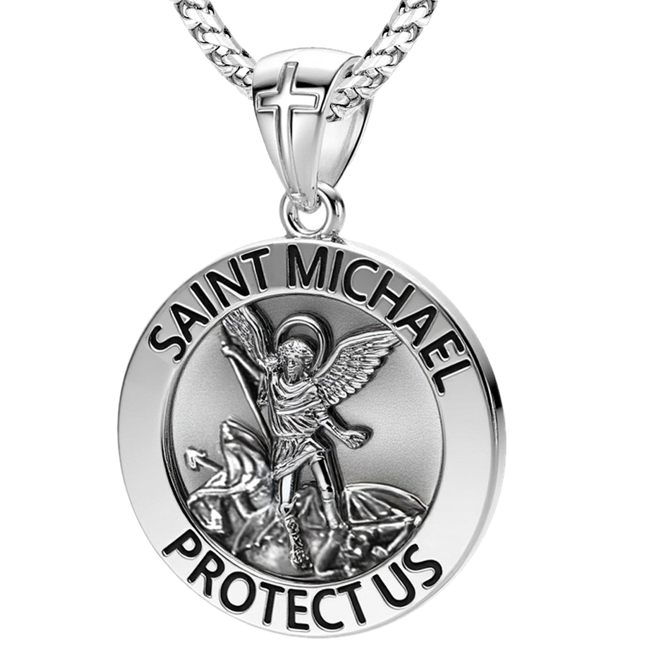 Men's XL 925 Sterling Silver 1.25in St Saint Michael Medal Antique Polished Pendant Necklace, 33mm