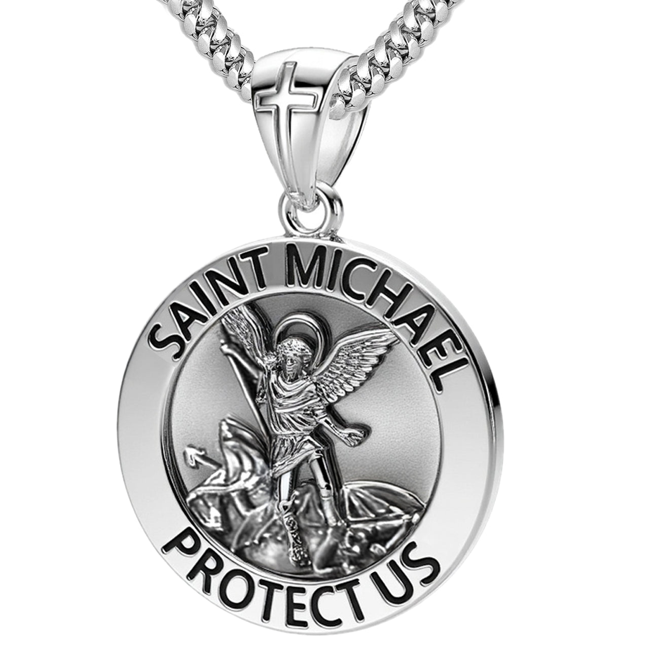 Men's XL 925 Sterling Silver 1.25in St Saint Michael Medal Antique Polished Pendant Necklace, 33mm