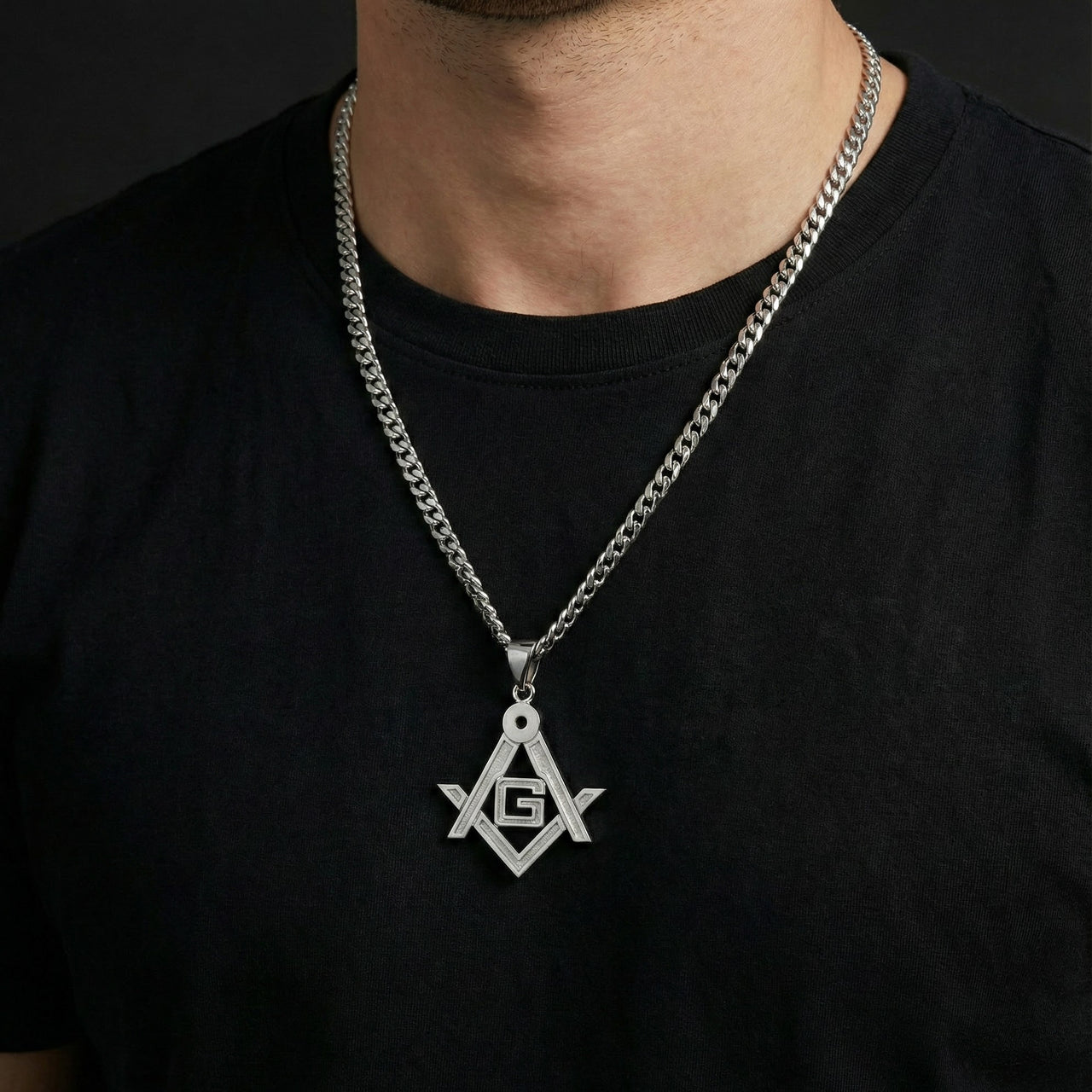 Men's 925 Sterling Silver Masonic Pendant Necklace, 35mm