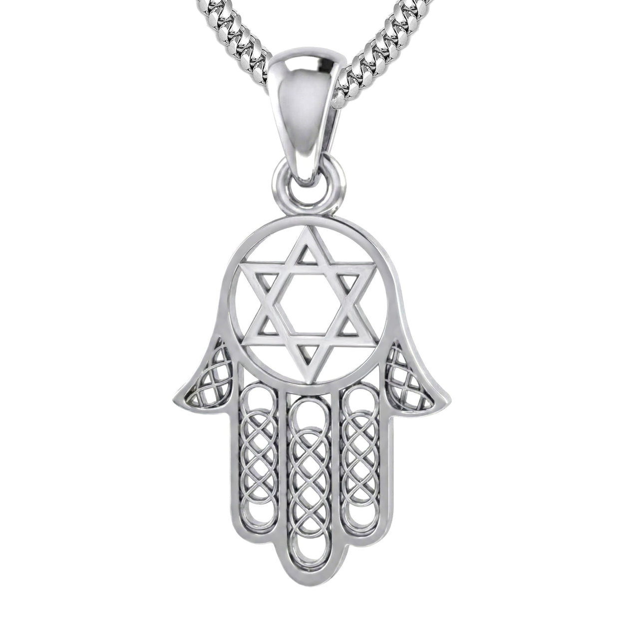Hamsa Jewish Star of David 925 Sterling Silver Pendant Necklace, 33mm