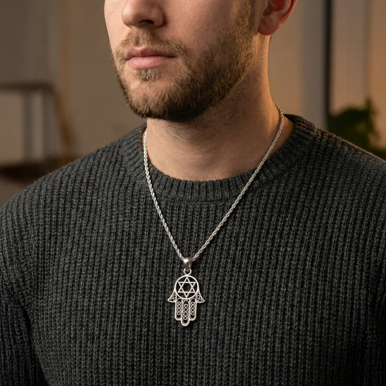 Hamsa Jewish Star of David 925 Sterling Silver Pendant Necklace, 33mm