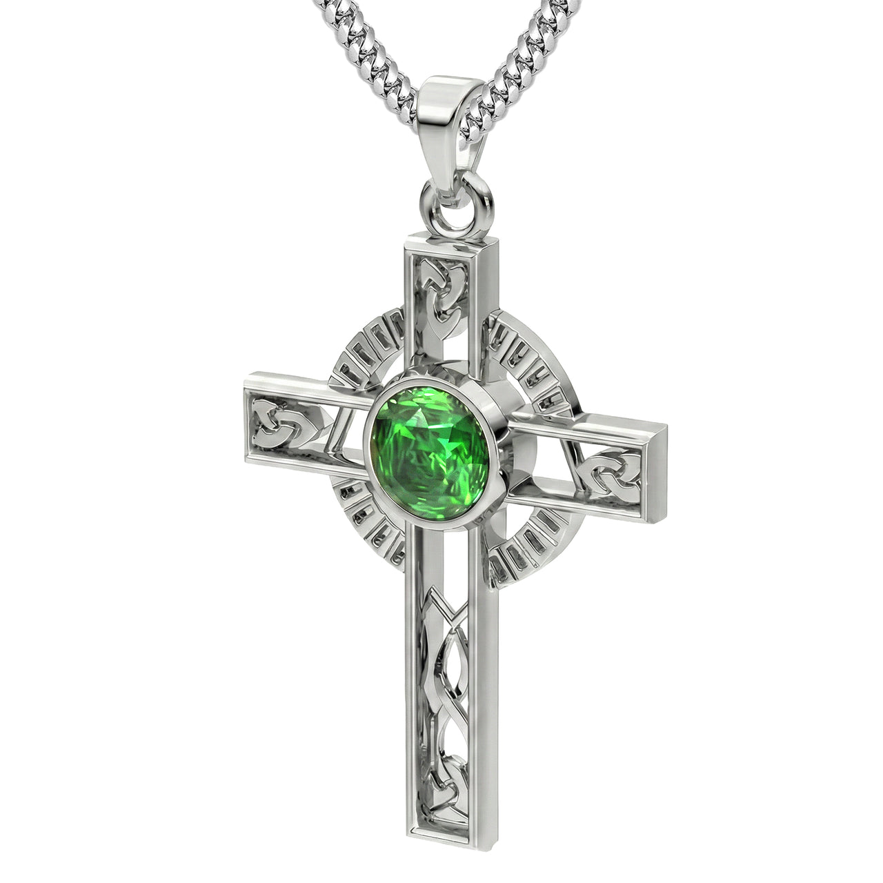 High Polished Sterling Silver Celtic Knot Cross Simulated Emerald Pendant Necklace, 38mm