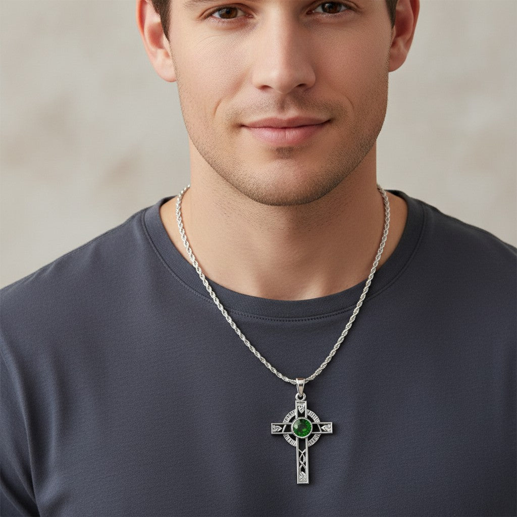 High Polished Sterling Silver Celtic Knot Cross Simulated Emerald Pendant Necklace, 38mm