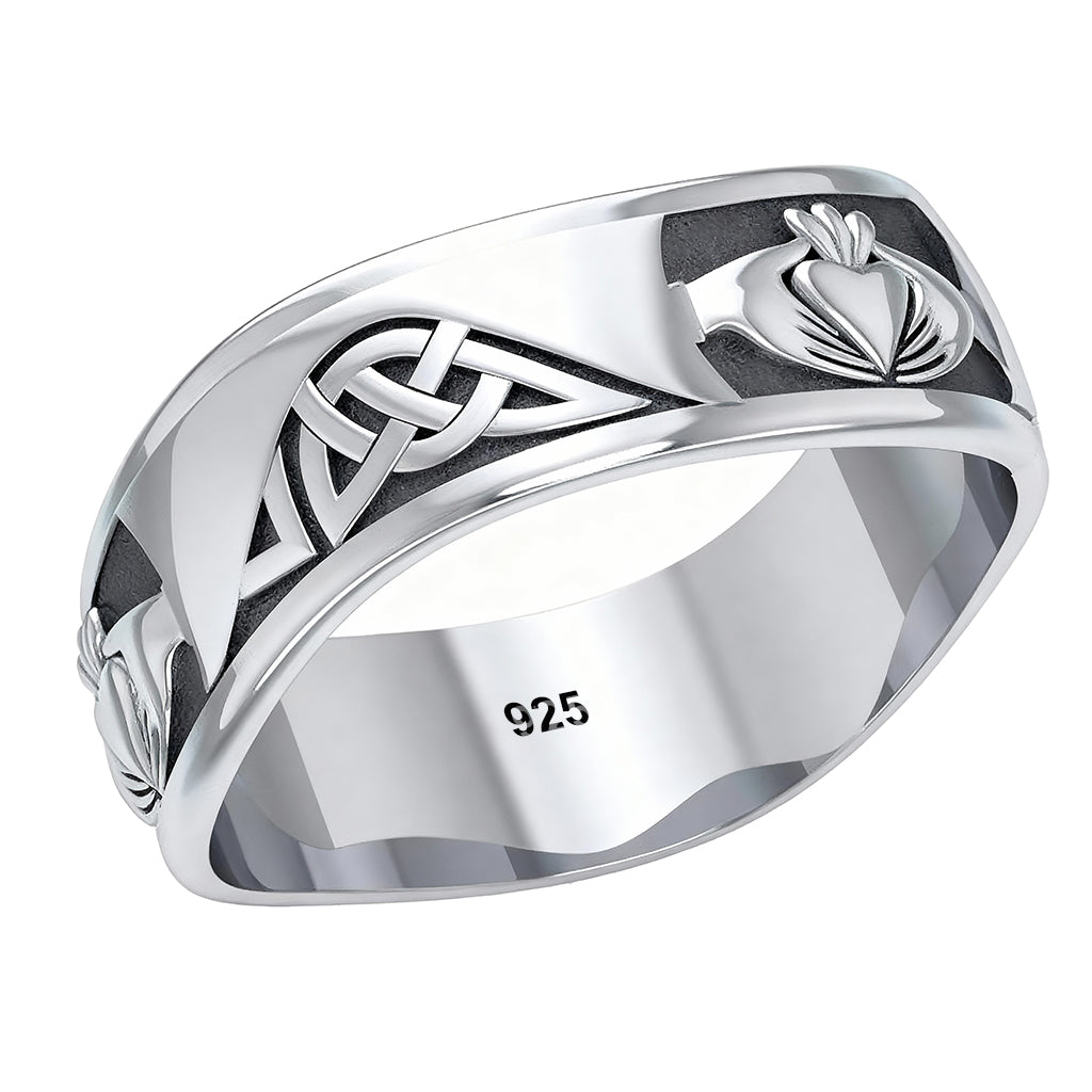 Mens '925 Sterling Silver Modern Irish Celtic Claddagh & Knot Ring Band, 9mm