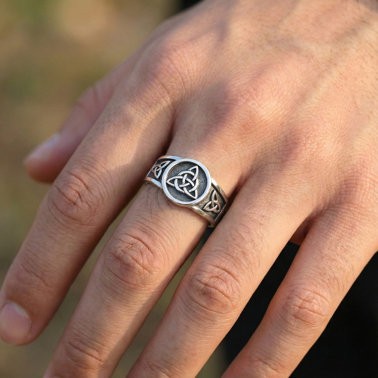 Men's 925 Sterling Silver Irish Celtic Trinity & Triquetra Knots Ring Band