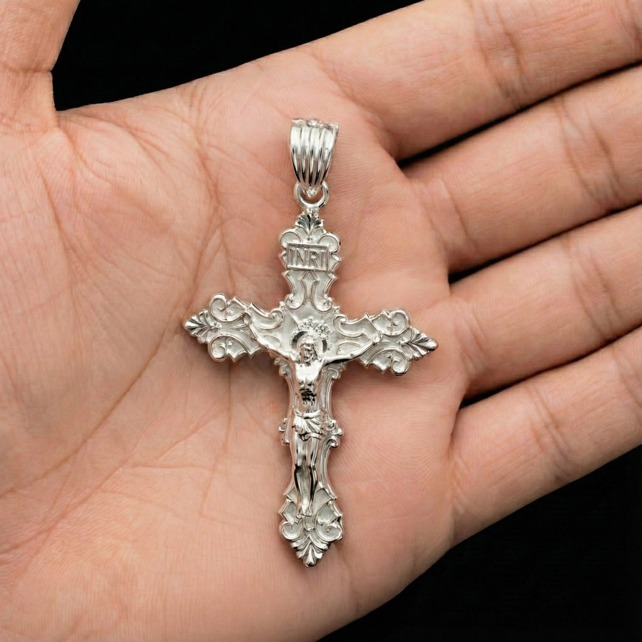 Men's XL Fleur-De-Lis 925 Sterling Silver Cross Crucifix Pendant Necklace, 52mm