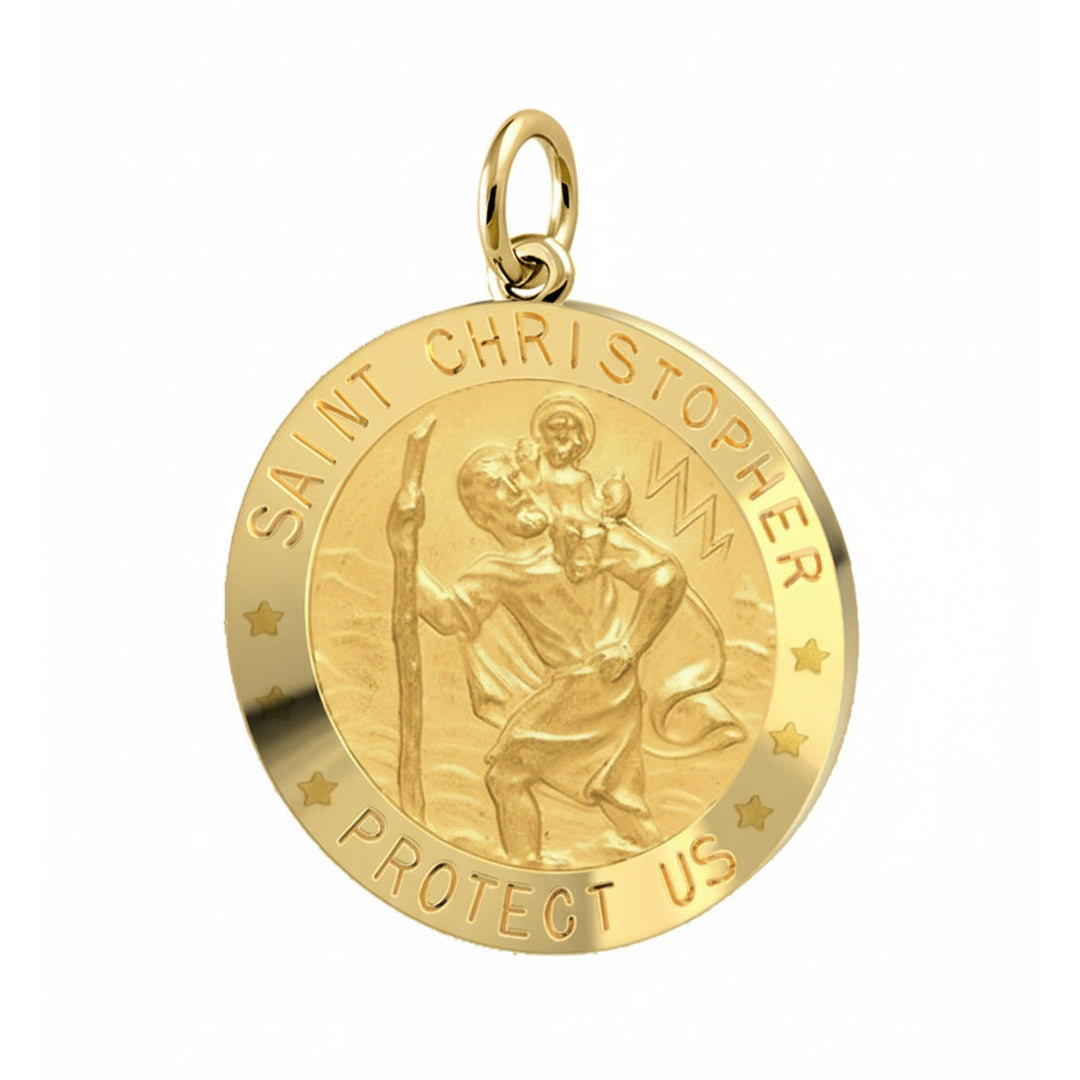 Women's 14k Yellow Gold Saint Christopher Round Polished Solid Medal Necklace, 22mm