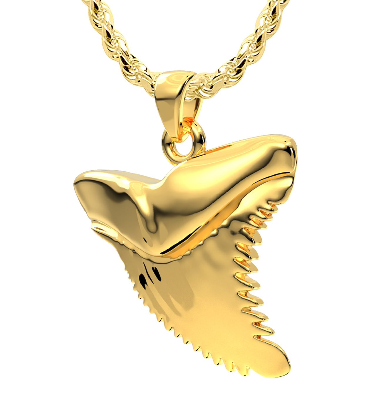 Men's XL Heavy Solid 14k Yellow Gold Tiger Shark Tooth Pendant Necklace, 37mm